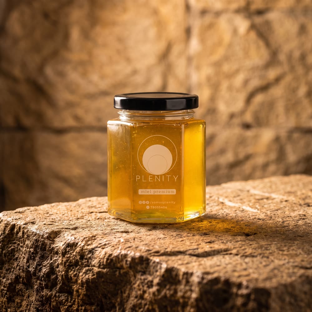 Frasco de Miel Premium Plenity sobre piedra